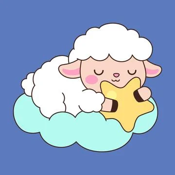 Cute kawaii sheep sleeping on cloud holding star cartoon on blue background Stock Illustration