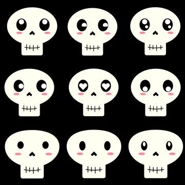 Cute Kawaii Skull Faces Set Vector Illustration, Adorable Halloween Skeleto.. Stock Illustration