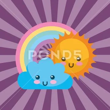 Cute kawaii sun cloud and round rainbow cartoon Stock Illustration