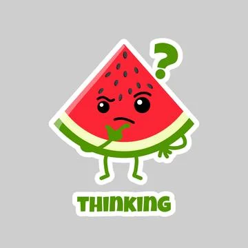 Cute Kawaii Thinking Watermelon Slice Cartoon Sticker Character with Questi.. Illustration