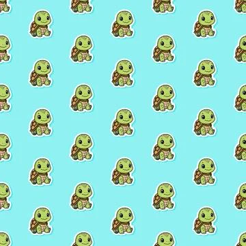 Cute Kawaii Turtle Seamless Pattern with Cartoon Baby Sea Turtle Stickers f.. Stock Illustration