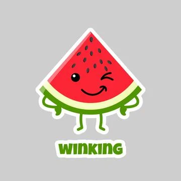 Cute Kawaii Winking Watermelon Slice Cartoon Sticker Character Flirting Illustration