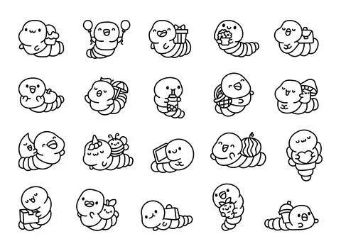 Cute kawaii worm with objects. Coloring Page. Stock Illustration