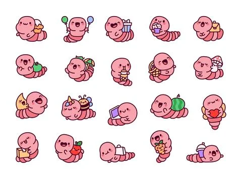 Cute kawaii worm with objects. Stock Illustration