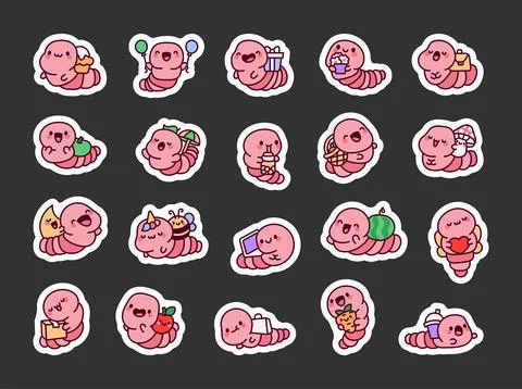 Cute kawaii worm with objects. Sticker Bookmark. Stock Illustration