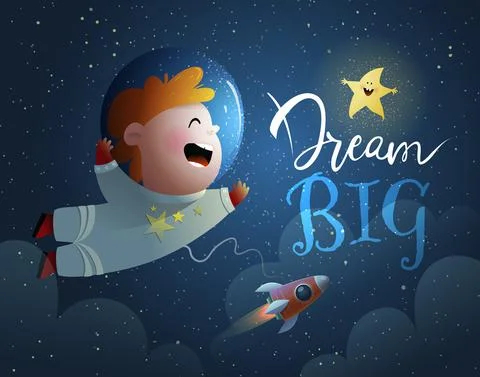 Cute kid astronaut in outer space with spaceship. Stock Illustration