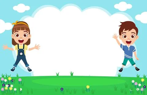 Cute kid boy and girl character wearing beautiful outfit jumping with placard Stock Illustration