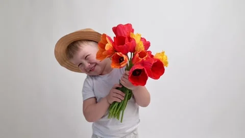 Cute kid boy looks out of the bouquet - surprise, gives red flowers on a white Stock Footage 243221937