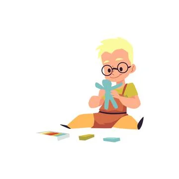 Cute kid boy sit on floor and making human figure from blue plasticine Stock Illustration