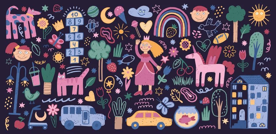 Cute kid elements. Color scribble pattern, line cloud flower heart and rainbow Stock Illustration