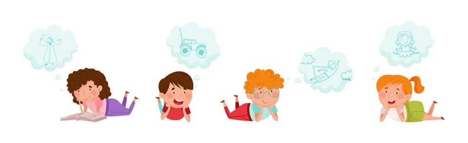 Cute Kid Imagining Object in Dream Bubble or Cloud Vector Set Stock Illustration