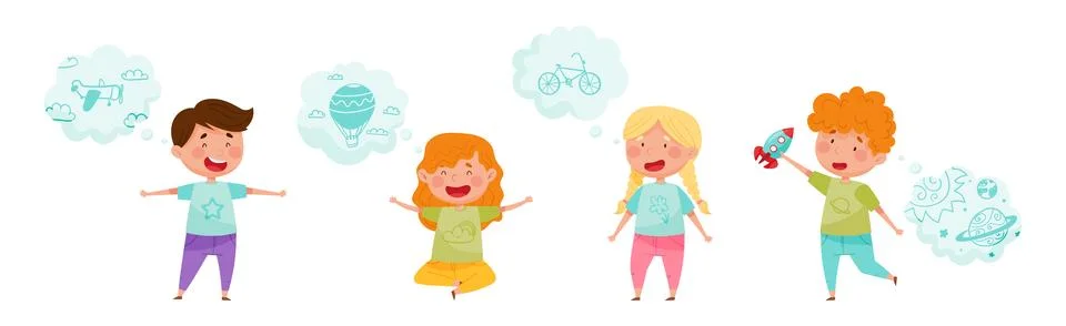 Cute Kid Imagining Object in Dream Bubble or Cloud Vector Set Stock Illustration