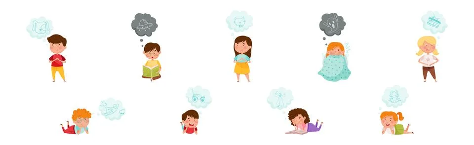 Cute Kid Imagining Object in Dream Bubble or Cloud Vector Set Stock Illustration