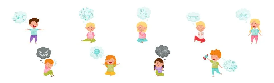 Cute Kid Imagining Object in Dream Bubble or Cloud Vector Set Stock Illustration