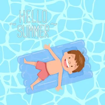 Cute kid laying on floating bed hello summer Stock Illustration