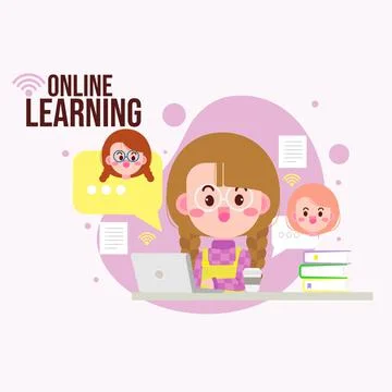 Cute kid online learning with computer laptop cartoon illustration Stock Illustration