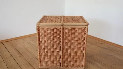 Cute kid play and hide in basket. Stock Footage 237917439