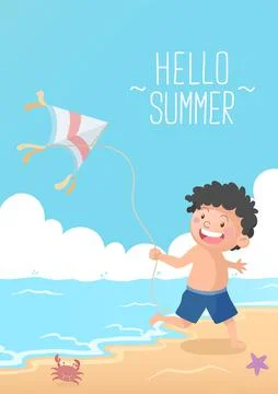 Cute kid playing kite at the beach hello summer Stock Illustration