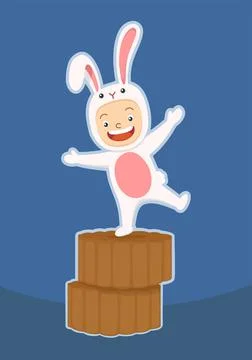 Cute kid in rabbit costume on mid autumn festival mooncake Stock Illustration