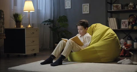 Cute kid reading interesting book, looking at pictures sitting in bean bag in Stock Footage 275558113