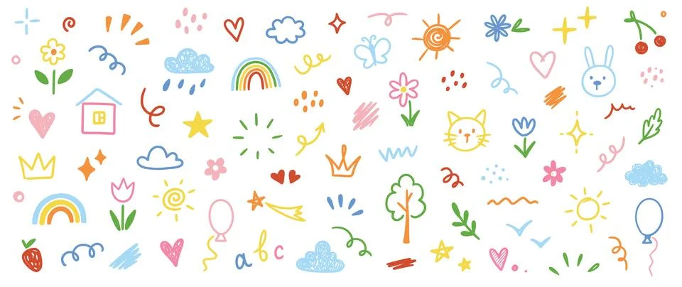 Cute kid scribble line flower, heart. rainbow background. Hand drawn doodle Illustrazione stock