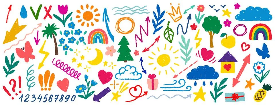 Cute kid scribble line flower, heart. rainbow background. Hand drawn doodle s Illustrazione stock