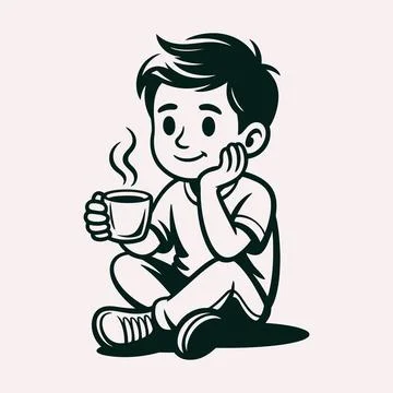 Cute kid sitting with coffee cup cartoon mascot illustration Stock Illustration