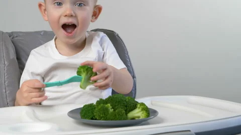 Cute kid ( two years old child, caucasian little boy)  eating broccoli Stock Footage 103443941