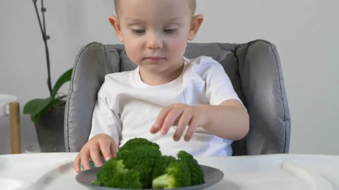 Cute kid ( two years old child, caucasian little boy)  eating broccoli Stock Footage 103444028