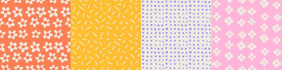 Cute kiddy set of seamless pattern with primitive naive art flowers and strokes Stock Illustration
