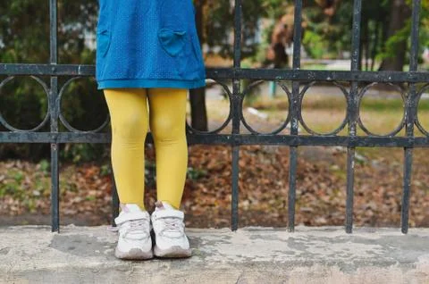 Cute kids in the autumn park. Child's feet. Yellow tights and a blue dress. Stock Photos