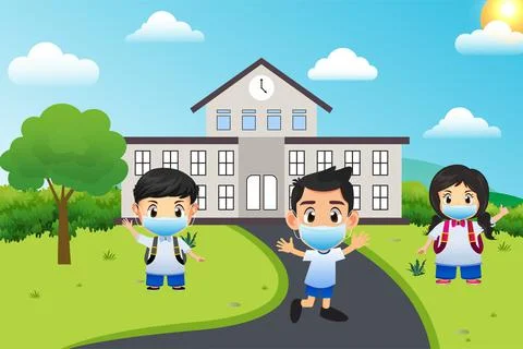 Cute kids back to school design with using medical face mask vector. Stock Illustration