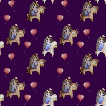 Cute kids collection. Seamless pattern. Little girl princess with a crown and Illustrazione stock