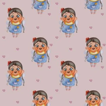 Cute kids collection. Seamless pattern. Little fairy girl with a red bow on h Ilustración de archivo