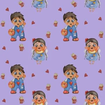 Cute kids collection. Seamless pattern. Little funny fairy with a red bow, lo Stock Illustration