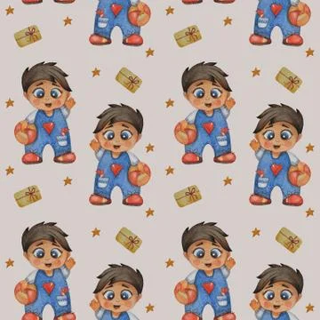 Cute kids collection. Seamless patterns. Cheerful boy in denim overalls with  Stock Illustration