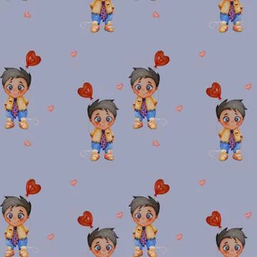 Cute kids collection. Seamless patterns. Shy groom in love. Cute stylish boy in Stock Illustration
