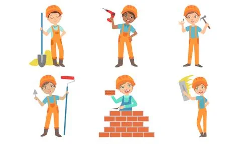 Cute Kids Construction Workers Set, Boys and Girls Builders Characters in Stock Illustration