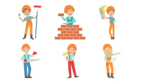 Cute Kids Construction Workers Set, Boys and Girls Builders Characters in Stock Illustration