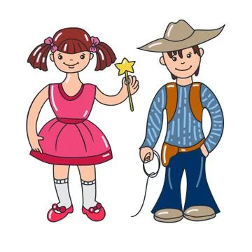 Cute kids in costumes.boy in a cowboy costume and a girl in a fairy costume Stock Illustration