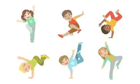 Cute Kids Dancing Break Dance Set, Boys and Girls Performing Modern Dance Vector Stock Illustration