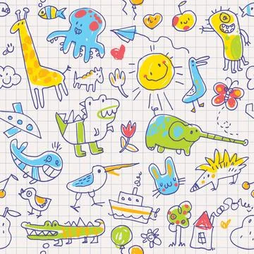 Cute kids doodle drawing pattern on a sheet of paper Stock Illustration