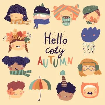 Cute kids faces with autumn elements. Hello autumn Stock Illustration