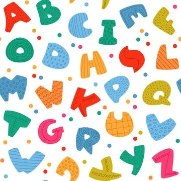Cute kids font seamless pattern. Rounded colored letters with dots and lines Illustrazione stock