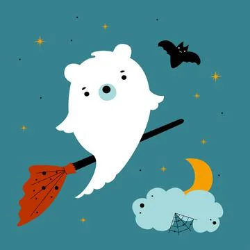 Cute kids ghost bear flying on a broom in the sky with bat and moon in the cl Ilustração Stock