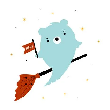 Cute kids ghost bear flying on a broom in the sky with stars and boo. Cute pr Stock-Illustration