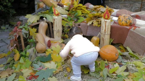 Cute kids having fun on the background of the decor with foliage Stock Footage 119479655