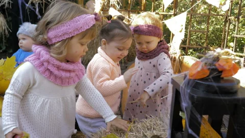 Cute kids having fun on the background of the decor with foliage Video stock 119479908