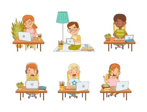 Cute kids learning online using laptops. Distance education, remote school 스톡 일러스트