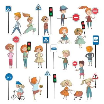 Cute kids learning rules of road set. Traffic education concept cartoon vector Stock Illustration